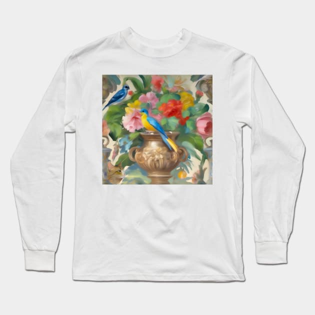 Birds, roses, cat and classical urn, oil painting seamless pattern Long Sleeve T-Shirt by SophieClimaArt